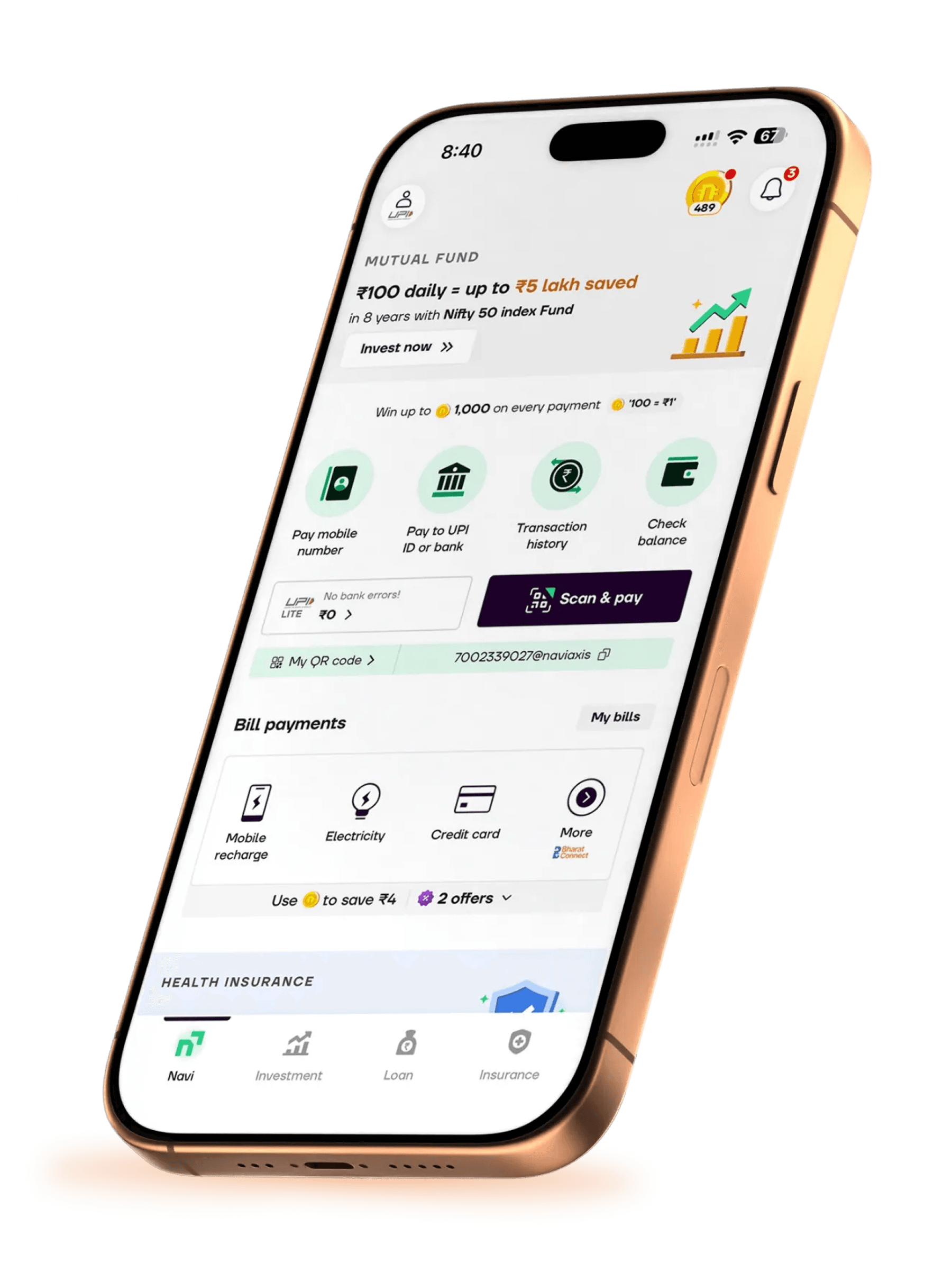 Navi app UPI homepage with Scan & Pay