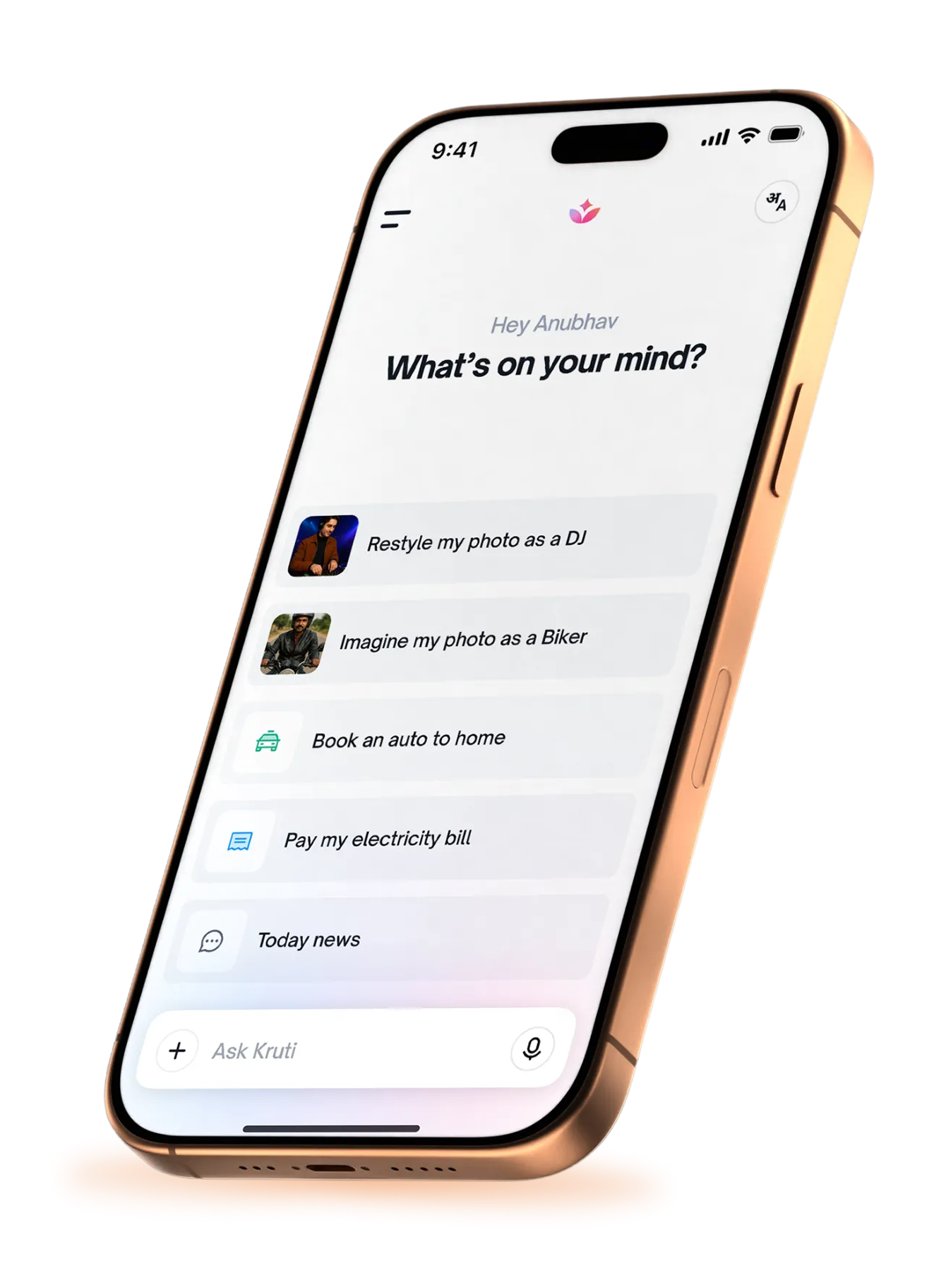 Kruti AI assistant home screen — What's on your mind?