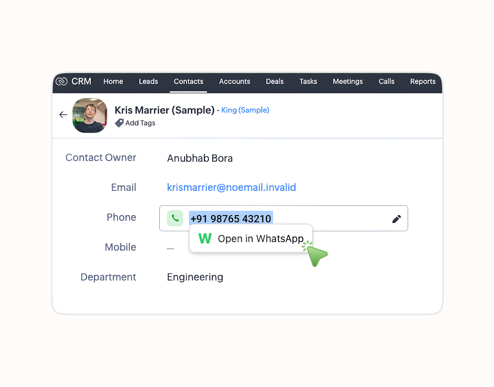 CRM contact view with Open in WhatsApp tooltip
