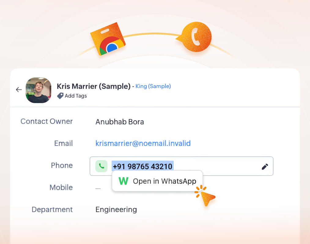 CRM contact view with Open in WhatsApp tooltip