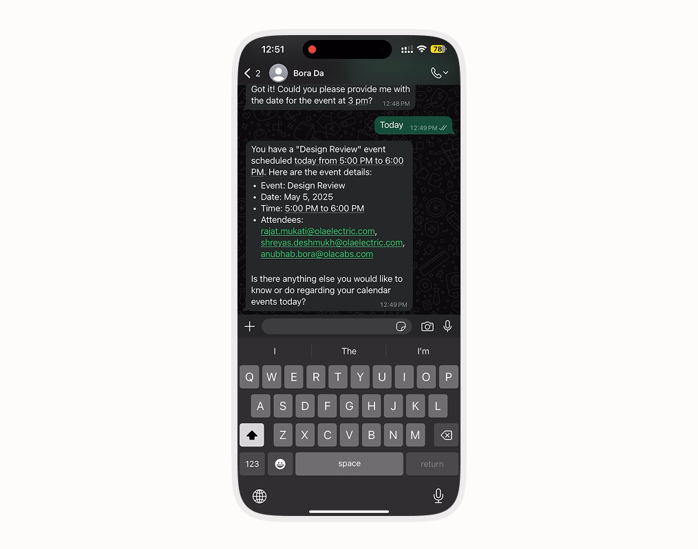 WhatsApp bot conversation managing a Google Calendar event